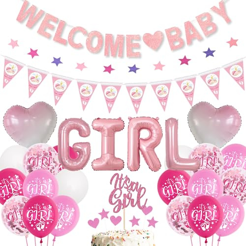 Baby Shower Balloons Decorations Girl - 54 Pieces Pink Welcome Baby Supplies with Banner, It' A Girl Heart Letter Balloon Star Garland Cake Toppers for Newborn Gender Reveal Party Decor
