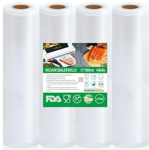 Votoko 4 Rotoli Sottovuoto per Alimenti 15x600 cm Multistrato e Resistenti, 190 µm, Sacchetti per Sottovuoto, in Materiale Privo di BPA Adatto al Contatto con gli Alimenti