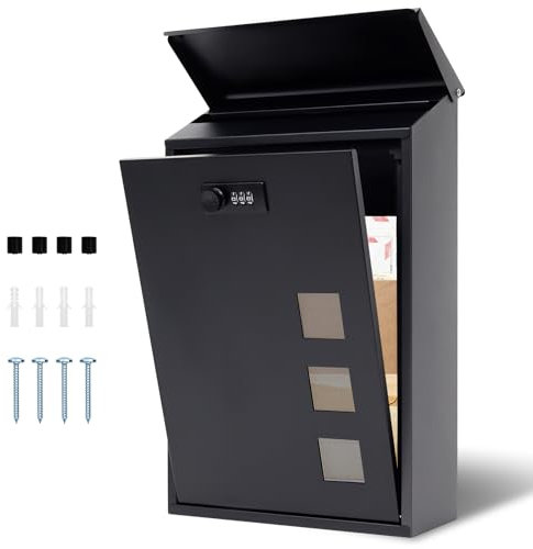 lisetar Post Box Wall Mounted, Steel Mail Box with Combination Lock - Weather-Resistant, 3 Viewing Windows, Rain Cover, Lockable for Outside, Black 40 x 25 x 10 cm