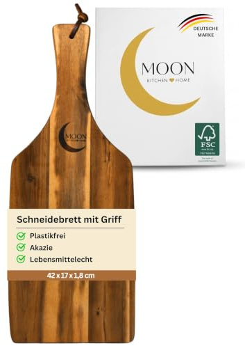 MOON HOME Servierbrett - Small Pluto, nachhaltiges Servier- und Schneidebrett aus Akazienholz, mit Lederband zum Aufhängen, ideal zur Brotzeit & Antipasti, 42 x 17 x 1.8 cm