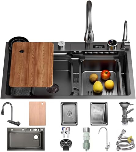 OMGMTSTORE Lavandino Cucina Nero Antracite 85 x 50 cm,Lavello Cucina 1 vasca con LED rubinetto estraibile,Multifunzione Cucina in acciaio inox,Lavabo Cucina con Sifone Antiodore e Kit Scarico Completo