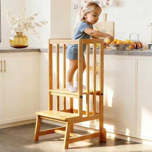 BAMBOOHOMIE Lernturm Kinder ab 2 Jahr Höhenverstellbar Bambus,Lernstuhl,Lernturm Hauck mit Rausfallschutz aus Holz,Montessori Learning Tower,Stehhilfe Baby Küche Badezimmer Kids Kitchen Step Stool