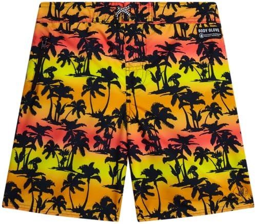 Body Glove Boys Swim Board Shorts - UPF 50+ Quick Dry Boys Swim Trunks Bathing Suit Kids Swimwear with Pockets(Sizes: 8-18), Size 8, Orange/Red Palm Trees