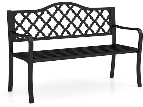COSTWAY Panchina da Esterno in Metallo 128 x 54 x 89 cm per 2-3 Persone, Panca da Giardino con Doghe e Braccioli Curvati per Piscina e Veranda, Nero