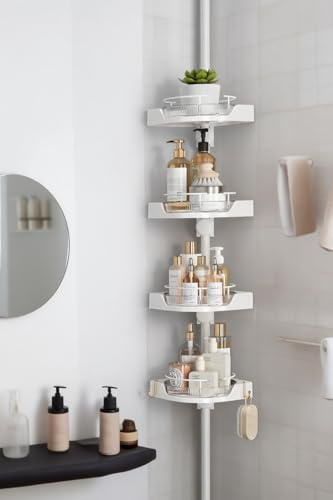 shuang qing 360° Rotating Corner Shower Caddy Tension Pole Organizer - 4-Tier Adjustable Rustproof Metal Pole, Plastic Shelves with Safety Guardrail, Bathroom Storage for Shower & Bathtub(White)