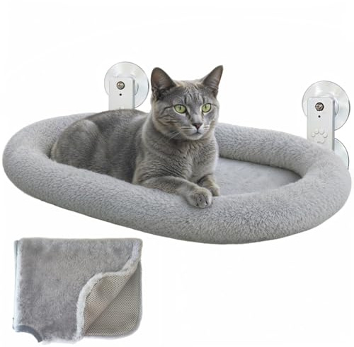 TOFI PETS Hamaca Gato Ventana con Cojín + Funda Manta para Gatos + Montaje Pared | Cama Ventana para Gatos pequeños y Grandes. Reversible Verano Invierno | Cama Gato Gris