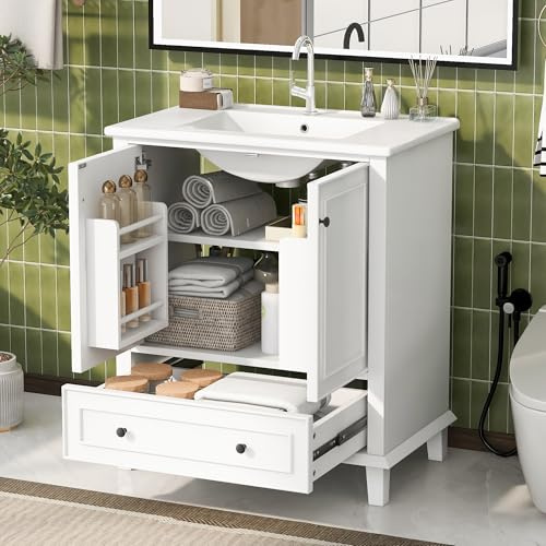 TIZZ Armadietto da bagno con lavabo, lavabo, gambe in legno massello, verniciatura completa, impermeabile e impermeabile, ampio spazio di archiviazione, lavabo in ceramica integrato, bianco, 76 x 46 x