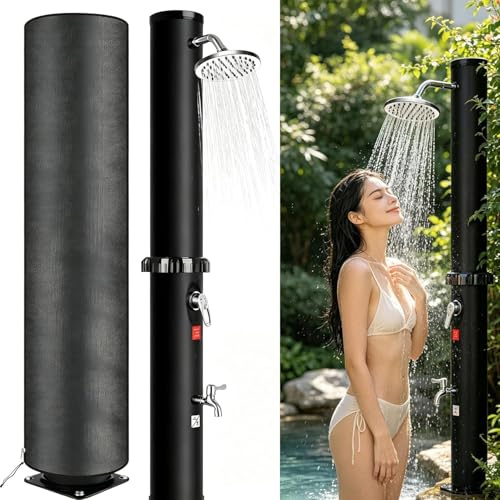 Ducha Solar Exterior 35 litros Ducha de Jardín Piscina Camping con Cabezal de Ducha de Lluvia Giratorio y Ducha de pies - Temperatura de hasta 60°C, Sin Necesidad de Electricidad - Negro (35L)
