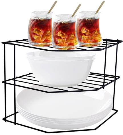 ASelected Eckplattenregal, 3-stöckig, Tellerstapler für Schränke, 23 x 23 x 20 cm, Metall-Eckplattenständer, Schwarze Tellerregale für Schrank, Küche