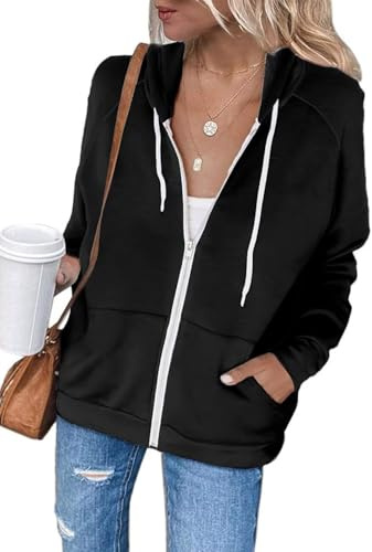 LACOZY Felpa da donna a maniche lunghe con cerniera, casual, oversize, a blocchi di colore, con cappuccio e tasca, M