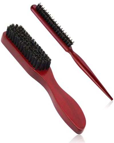 FUGLUS 2 Stück Wildschweinborsten Sleek Bun BüRste,Haarbürste mit Holzgriff,Weiche Naturborsten Haarbürste,Toupierbürste,für Langes Dickes Lockiges Trockenes Geschädigtes Haar Bartstyling