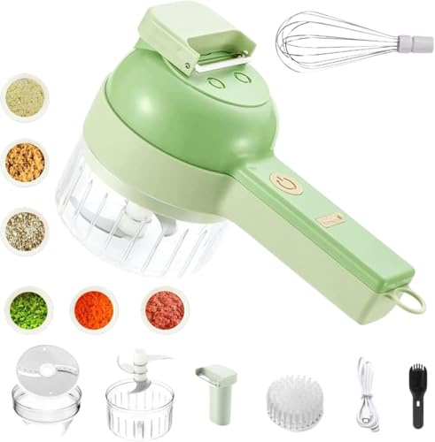 Tagliaverdure elettrico SliceEase 4 in 1, tritatutto cordless portatile per aglio, cipolla, carne, frutta, mini affettatrice e frusta per uova, gadget da cucina multifunzionale (Verde)
