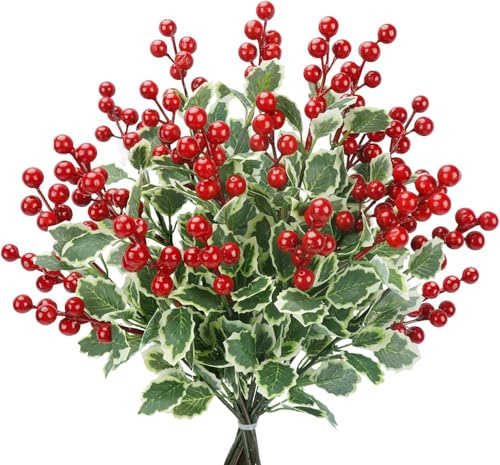 Hyklaner 6 Pcs Christmas Artificial Flowers Red Berry Stems Leaves Fake Holly Berries for Home DIY Wreath Decor (Green)