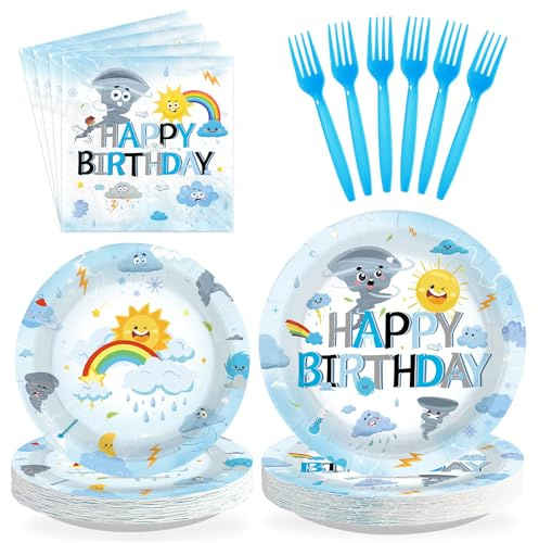 Greencian 96Pcs Tornado Birthday Party Supplies Weather Forecast Plates and Napkins Blue Cartoon Tornado Rainbow Clouds Sun Tableware Set for Boys Girls Birthday Party Decorations Serves 24