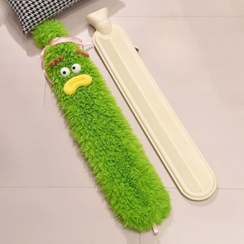 Extra lange Wärmflasche mit superweichem Tier-Fleece-Bezug, 2 l, 72 cm, großer Wärmbeutel zur Linderung von Nacken-, Schulter- und Rückenschmerzen, auslaufsicher, gemütliches Geschenk (grün)