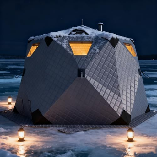 RETRIN Eisfischerzelt Mit Ofenanschluss Und Winter-Angelmatte,Tragbares Eisfischerzelt 420D,Isolierte Eishütte,Sechseckige Eishütte (260 X 260 X 170 cm),Für 6 Bis 10 Personen Grey