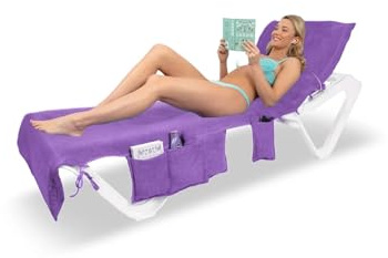ITSA Terry Towelling Lightweight Beach Towel with Pockets & Handles | 100% Cotton Foldable Sun Lounger Cover | Carry Bag | Secure Storage Beach Towel. (LIght Purple)