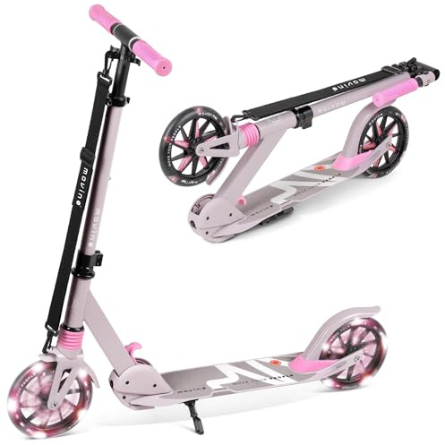 Movino Monopattino Urbano per Bambini e Adulti - Pieghevole - Scooter con Ruote LED Grandi 180 mm - Manubrio Regolabile - fino a 100 kg - City Light Grigio-Rosa
