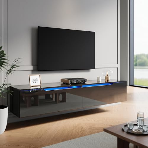 ZANOFIRA Floating TV Stand Cabinet with 16 RGB LED Lights, 1600x350x300mm High Gloss Black Finish & Pull-Down Door, Modern Wall-Mounted Storage Unit for Living Room