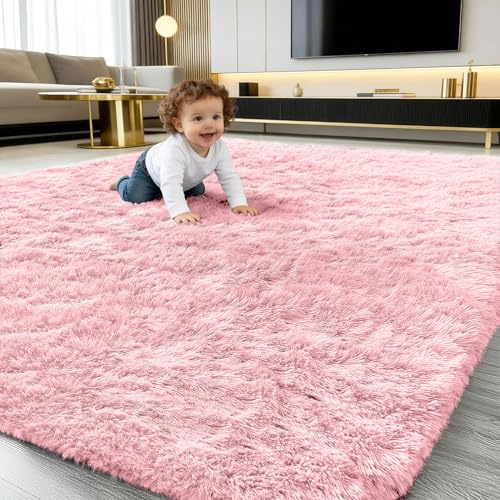 smiry Fluffy High Pile Rugs Living Room Carpet, 120x160 cm, Pink | 3.5cm-Pile Extra Soft Machine Washable Area Rugs, Thick Foam Anti-Slip Backing, Shaggy Home Decor for Bedroom Nursery Office