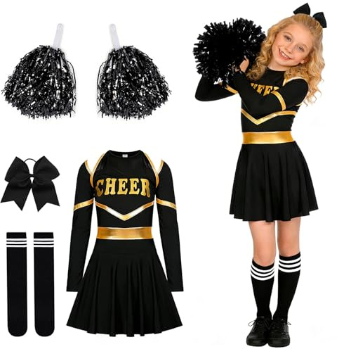 DAZZTIME Vestito Cheerleader Bambina,Cheerleader Costume Bambina,Cheerleading Maniche Lunghe Uniforme,con Pompon e Calzini e Copricapo,Costume da Cheerleader,per Carnevale,Carnevali e Feste a Tema