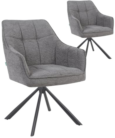 DUBI Möbel 2er Set Esszimmerstühle Thomas-MIRA – Polsterstuhl mit Taschenfederkern & Armlehne – 360° Drehbarer Küchenstuhl – Moderner Webstoff Grau, Stabiles Metallgestell Schwarz, Belastbar bis 150kg