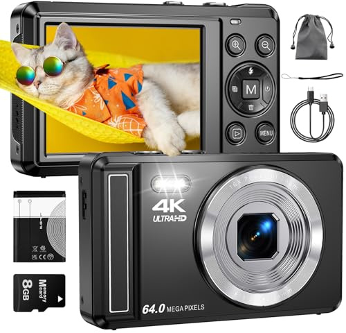 4K 64MP Digitalkamera, 2.8 Zoll UHD Autofokus Kamera fotokamera | Micro-SD-Karte & 1200mAh Akku,16X Digitalzoom Kompaktkamera für Teenager Erwachsene Anfänger