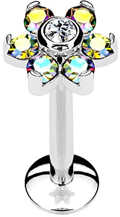 Piersando Piercing Stab Stecker Edelstahl Blume mit Kristallen für Lippe Labret Ohr Tragus Helix Nase Intim
