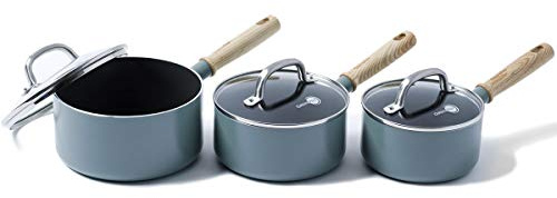 GreenPan Mayflower Healthy Ceramic Non-Stick 6-Piece Saucepan Set with Lids, Vintage Wood Handle, PFAS-Free, Induction, Smoky Blue, Blue