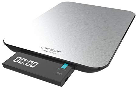 Cecotec Báscula de Cocina Digital Cook Control 9000 Waterproof, Alta Precisión, Acero Inoxidable, Resistente al Agua, Pantalla LCD Retroiluminada Extragrande y Extraíble, Capacidad Máxima 10 Kg