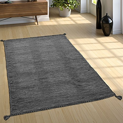 Paco Home Wohnzimmer Natur Teppich m. Fransen, Moderner Handgewebter Kelim, 100% Baumwolle, Grösse:120x170 cm, Farbe:Grau