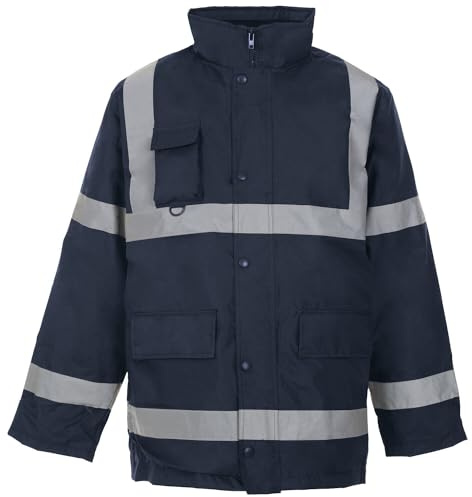 MyShoeStore Hi Vis Viz Parka Jacket High Visibility Workwear Safety Security Concealed Hood Fluorescent Flashing Hooded Padded ¾ Length Waterproof Work Coat Top (Navy, 2XL)
