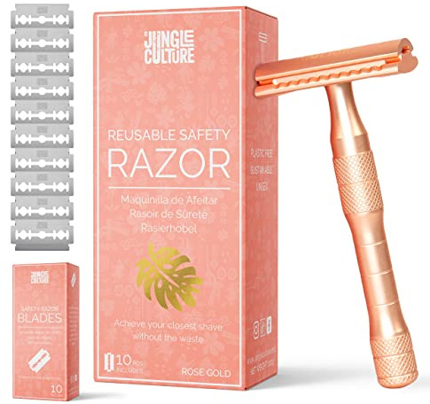 Jungle Culture® Rasierhobel Damen inkl. 10 Klingen • Nassrasierer für Frauen in Roségold • Einzelklingen Metall Rasierer für Körper & Gesicht mit eBook Rasierführer • Safety Razor