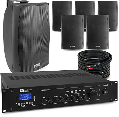 Power Dynamics BF80TW Wall Mounted Music System, 6x Black IPX5 Speakers with PRM360 4-Zone Bluetooth Mixer Amplifier - Indoor Outdoor Audio for Commercial Installations