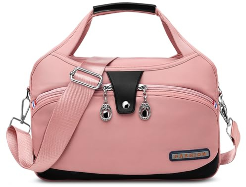 DIRRONA Sac à Bandoulière Femme, Sac à Main Léger en Nylon avec Plusieurs Compartiments, Bandoulière Réglable Sac Femme Taille Moyenne pour Travail Voyage Quotidien Rose poudré doux