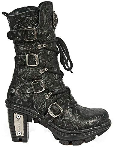 New Rock NEOTR005-S25 Vintage Floral Black Gothic Rock Punk Ladies Leather Fashion Calf Boots
