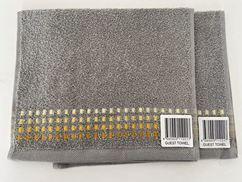 Jansons Direct Linens 2 x 100Percent Cotton Guest Size Towel In Grey with Yellow Shades of Stitch Design 30cm x 50cm