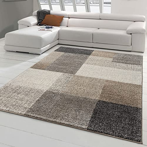 Teppich-Traum Kurzflor Teppich Quadratmuster Grau Beige Modern 120x160 cm | Pflegeleicht, strapazierfähig, seitlich gekettelt, allergikerfreundlich und OEKO-TEX geprüft, für Wohn- & Schlafzimmer