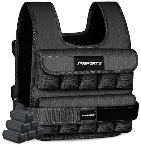 MSPORTS Gilet Pesi Regolabile 5-30 kg - Alta Qualità per Corsa e Fitness | Uomo e Donna (20 kg, Nero)