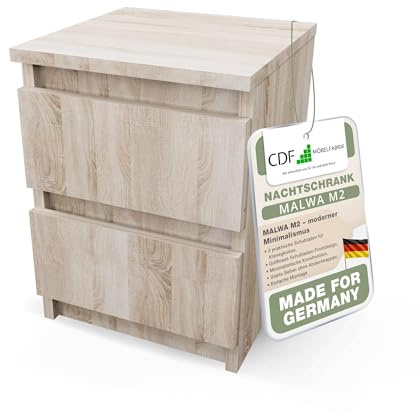 CDF Nachttisch Beistelltisch Schubladenschrank Nachtschrank 2 Schubladen | Nachtkästchen Kleine Kommode für Schlafzimmer Wohnzimmer Kinderzimmer Flur Aufbewahrungsschrank - Malwa M2 Eiche Sonoma