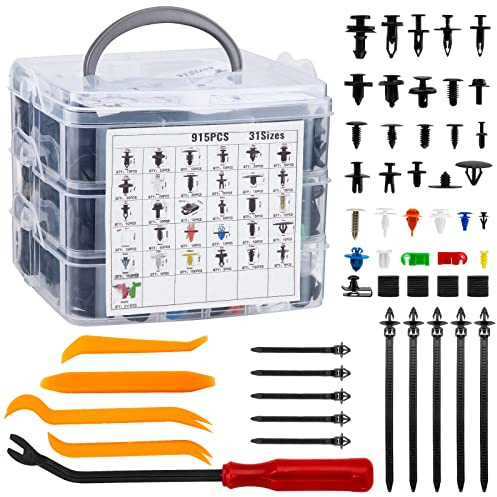 LESOLEIL Befestigungsclips Auto 970 Stück, Universal Türverkleidung Klammern Stoßstangen Zierleisten Clips Set mit Demontage Werkzeuge, Schwammig Kissen und Kabelbinder