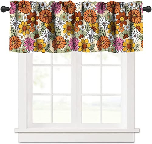 70er Jahre Stil Floral Volants Vorhänge Boho Bunte Abstrakte Gänseblümchen mit Lächeln Gesicht Hippie Retro Fenster Kurz Vorhang Volant für Küche Badezimmer Dekor mit Stangentasche, ein Panel 137,2 x