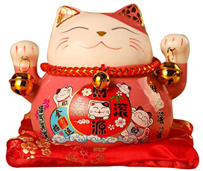Jenngaoo Ceramic Lucky Cat, 4.5 Inch Waving Lucky Cat Statue Japanese Lucky Cat Figurine Beckoning Cat Ornately Decorate for Attract Wealth Business Opening(Pink)