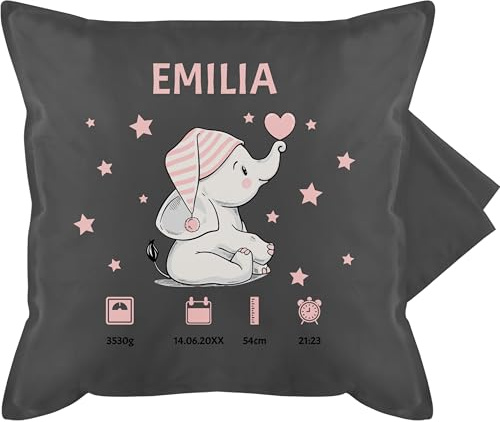 Kissenbezug - Elefant Geburtsdaten mit Name Geschenk zur Geburt Geschenkidee I Geldgeschenk zur Geburt - 50 x 50 cm - Grau - personalisierte Kissen Baby mädchen Geschenke Neugeborene Junge