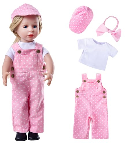 Rakki Dolli Doll Clothes Accessories 3 Pcs Set with Fashion Pink Overalls Bib Pants Jumpsuit & White Short-Sleeved T-Shirt & Pink Headband Hair Rope for Doll 032