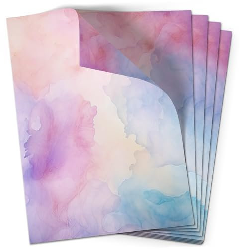 50 Blatt Briefpapier (A4) | Aquarell Bunt Rosa Lila Pink | Bastelpapier | edles Design Papier | beidseitig bedruckt | Bastelpapier | 90 g/m²