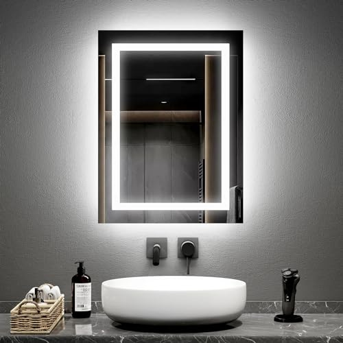 EMKE Badspiegel mit Beleuchtung 45x60cm Badezimmer Spiegel mit 2 Lichtfarbe Warmweiß/Kaltweiß, Antibeschlag, Badezimmerspiegel mit Beleuchtung Mechanischer Schalter LED Badspiegel Horizontal/Vertikal