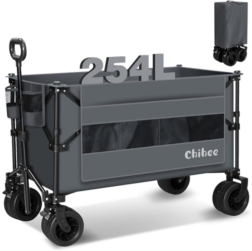 Chihee Handwagen Gartenwagen Zusammenklappbar Außenbereich Dienstprogramm Bollerwagen,Strandwagen 254L,Hochbelastbar Tragbarer Wagen All Terrain Räder Überdimensionale Seitentasche 2 Getränkehalter
