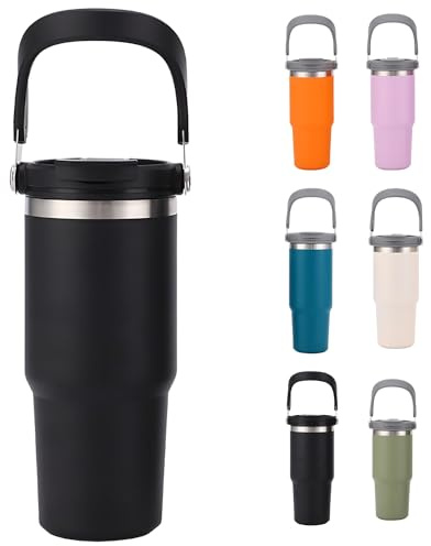 JEELINBORE Thermobecher mit klappbarem Tragegriff Tragbarer Reisebecher Edelstahl Isolation Kaltgetränken Kühlbecher Bierbecher Autobecher Kaffeetasse Schwarz 40oz/1200ml