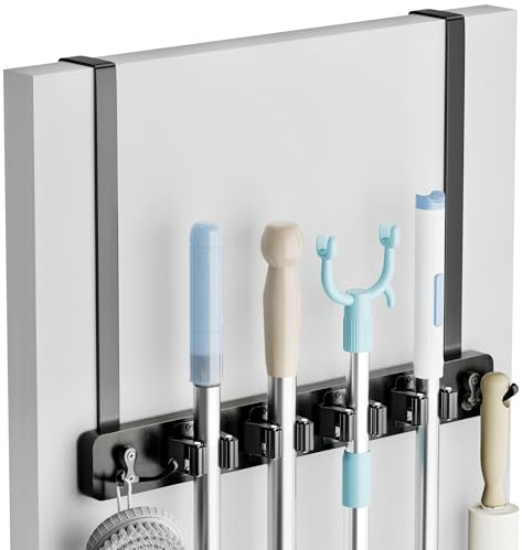 Lorbro Soporte para escoba, soporte para escoba y fregona con 2 ganchos para puerta, colgador de escoba de madera, organizador de herramientas para lavandería, garaje, armario, decoración de cocina, 4